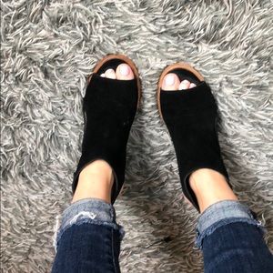 Open toe black suede heeled booties
